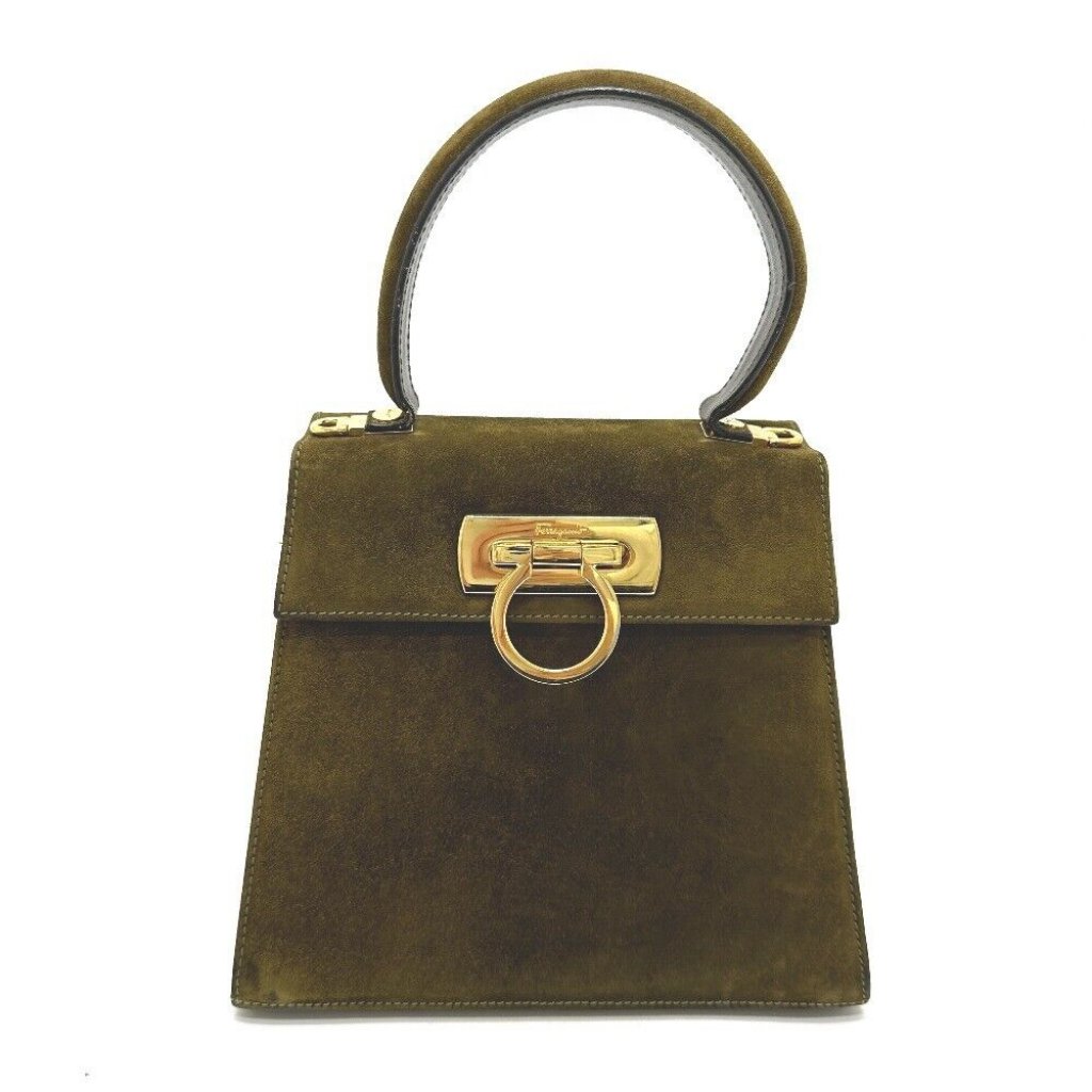 Salvatore Ferragamo Gancini Hand Bag Suede Brown/Goldhardware